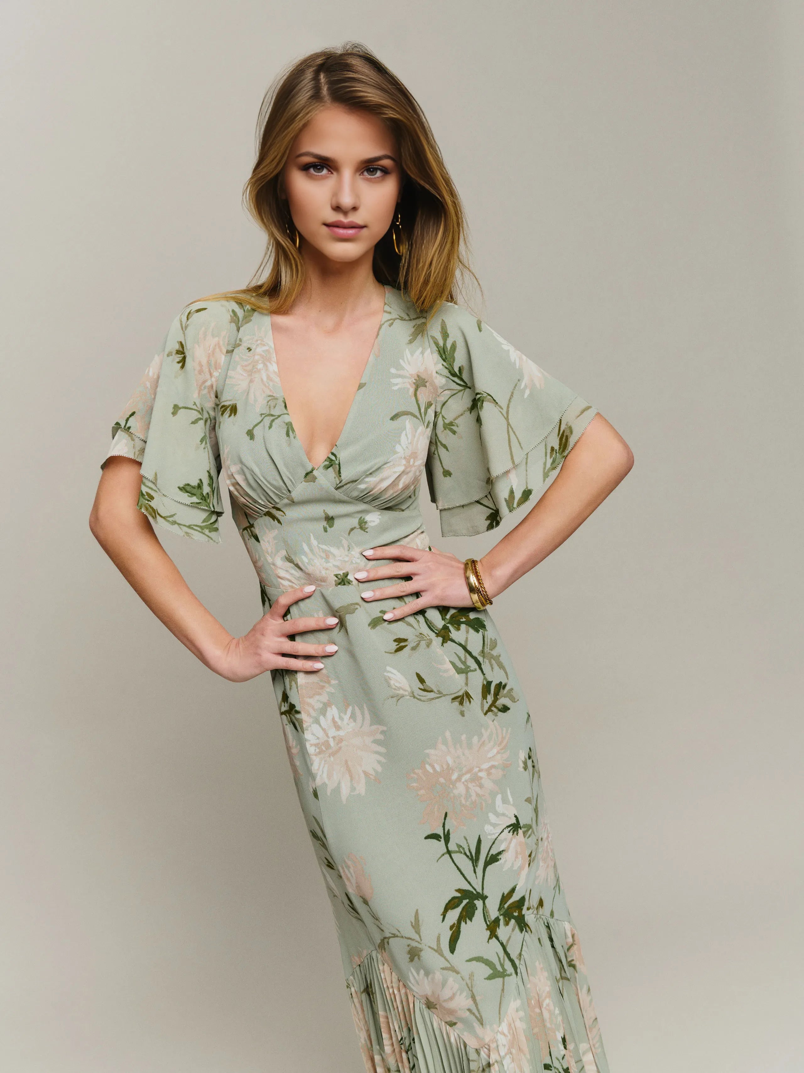 Weitese Dress Romantic Flower Printed V Neck Sleeveless Mermaid Prom Dress Maxi Dress Backless Asymmetrical Hem Evening Dress